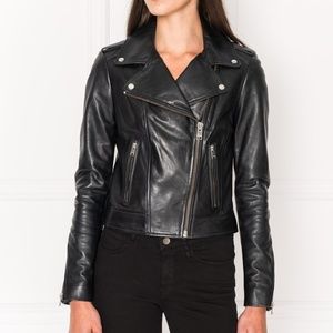 NWT Lamarque Navy Classic Leather Biker Jacket
